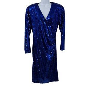 VTG Oleg Cassini Sequin Dress 10 Blue Ruched Faux Wrap Holiday NYE Glam Party